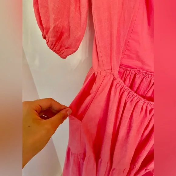 Seven Wonders V Neck Puff Sleeve Linen Maxi Dress in Pink Size S - Picture 9 of 11